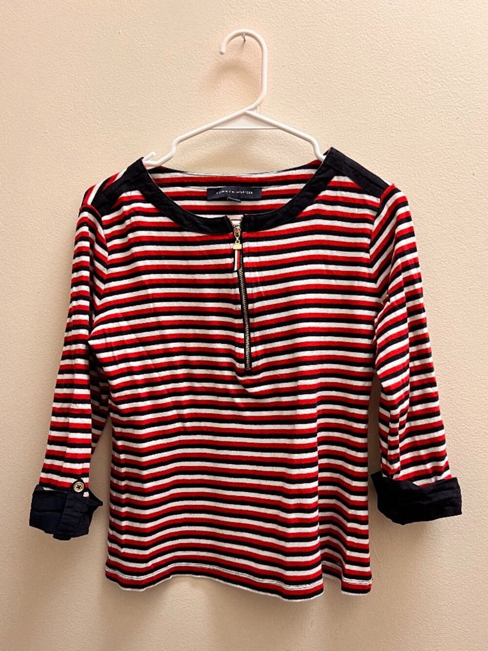 Tommy Hilfiger Red Black White Striped Quarter Zip Top